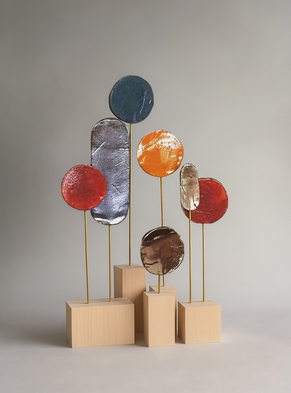 Ceramic Lollipop Sculpture with Brass Rods and Wooden Bases, height 78 cm, width 42 cm