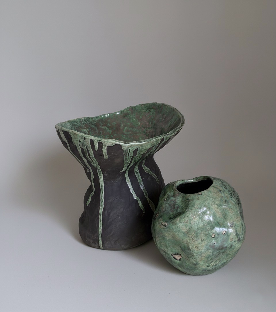 Pair of Sculptural Vases, Verdigris Glaze 20 cm, Ø 40 cm /