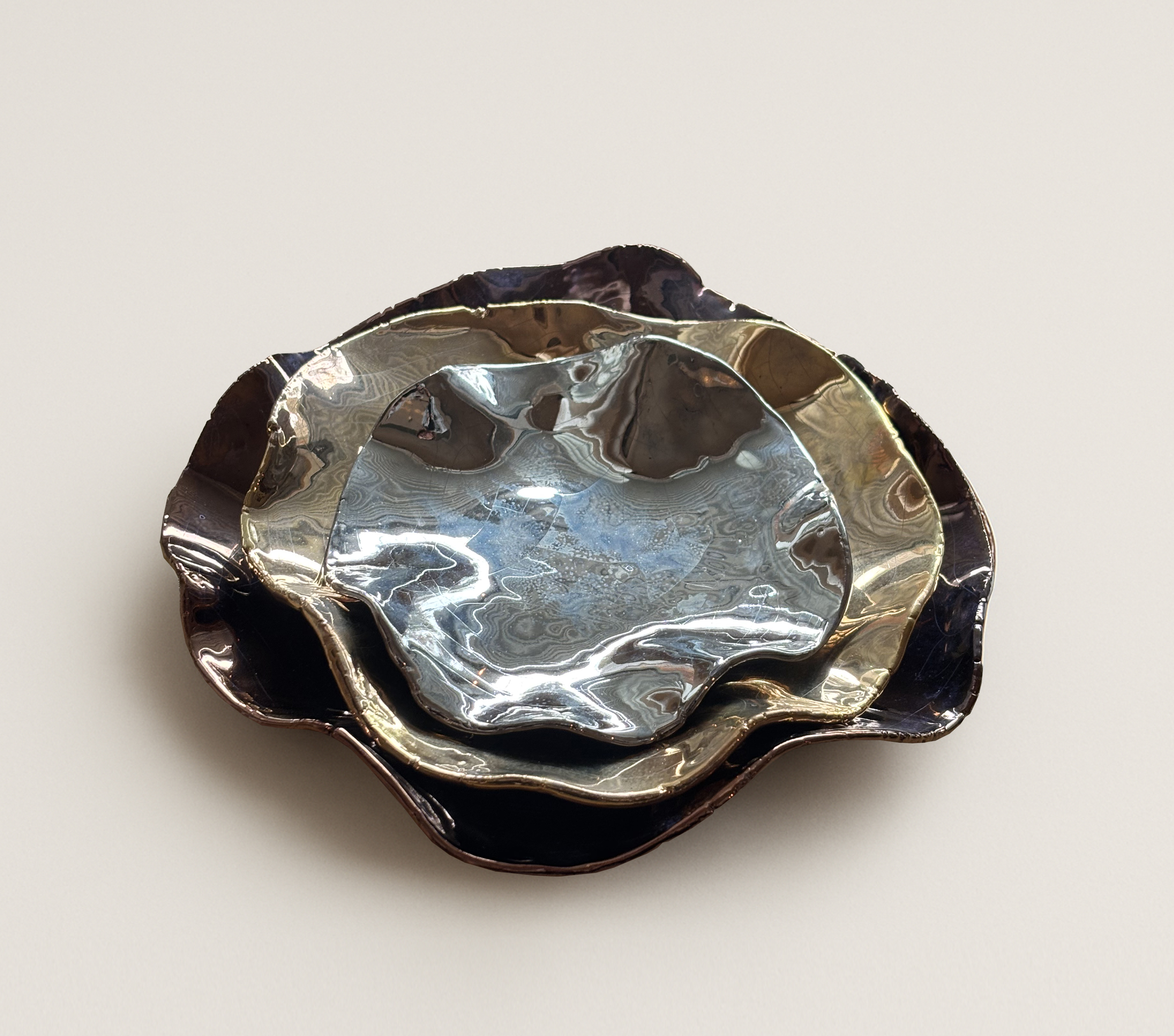 Gold, Copper and Platinium-Luster Ceramic Vessel, Ø 24 cm