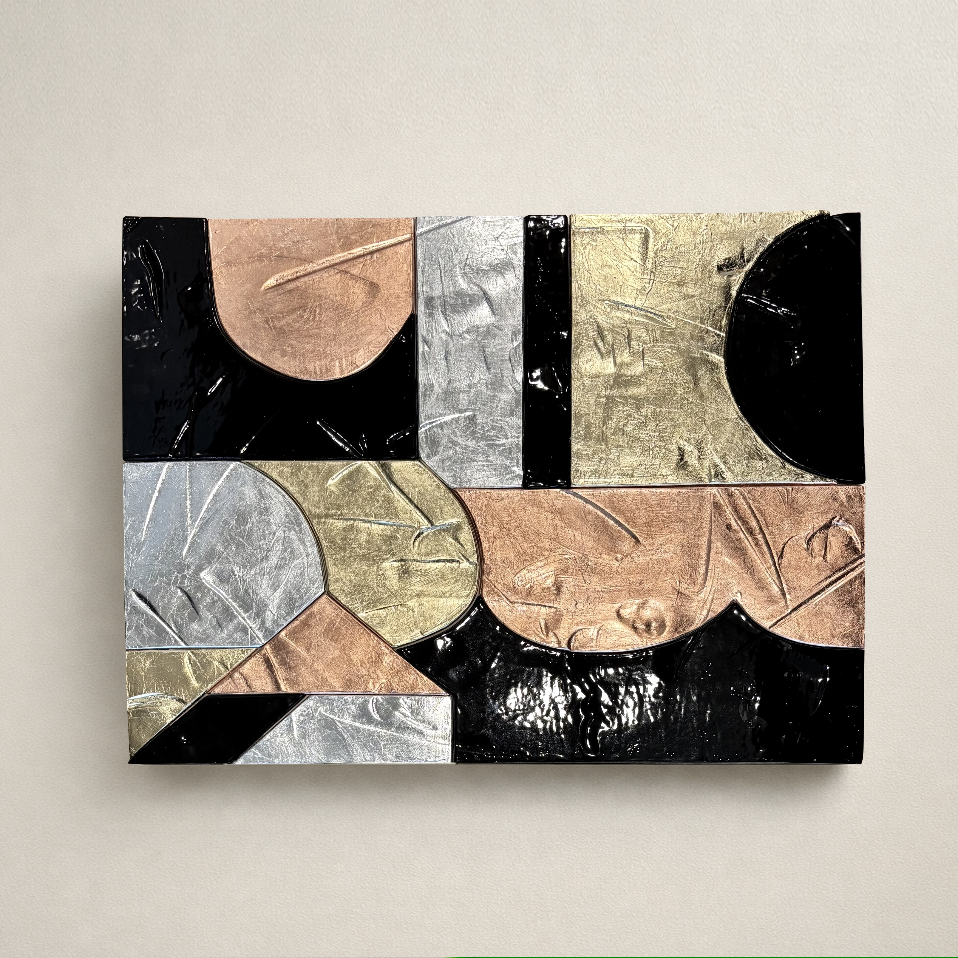 Ceramic Wall Sculpture with Triple Gold Leaf and Black Glaze, 68 x 50 cm