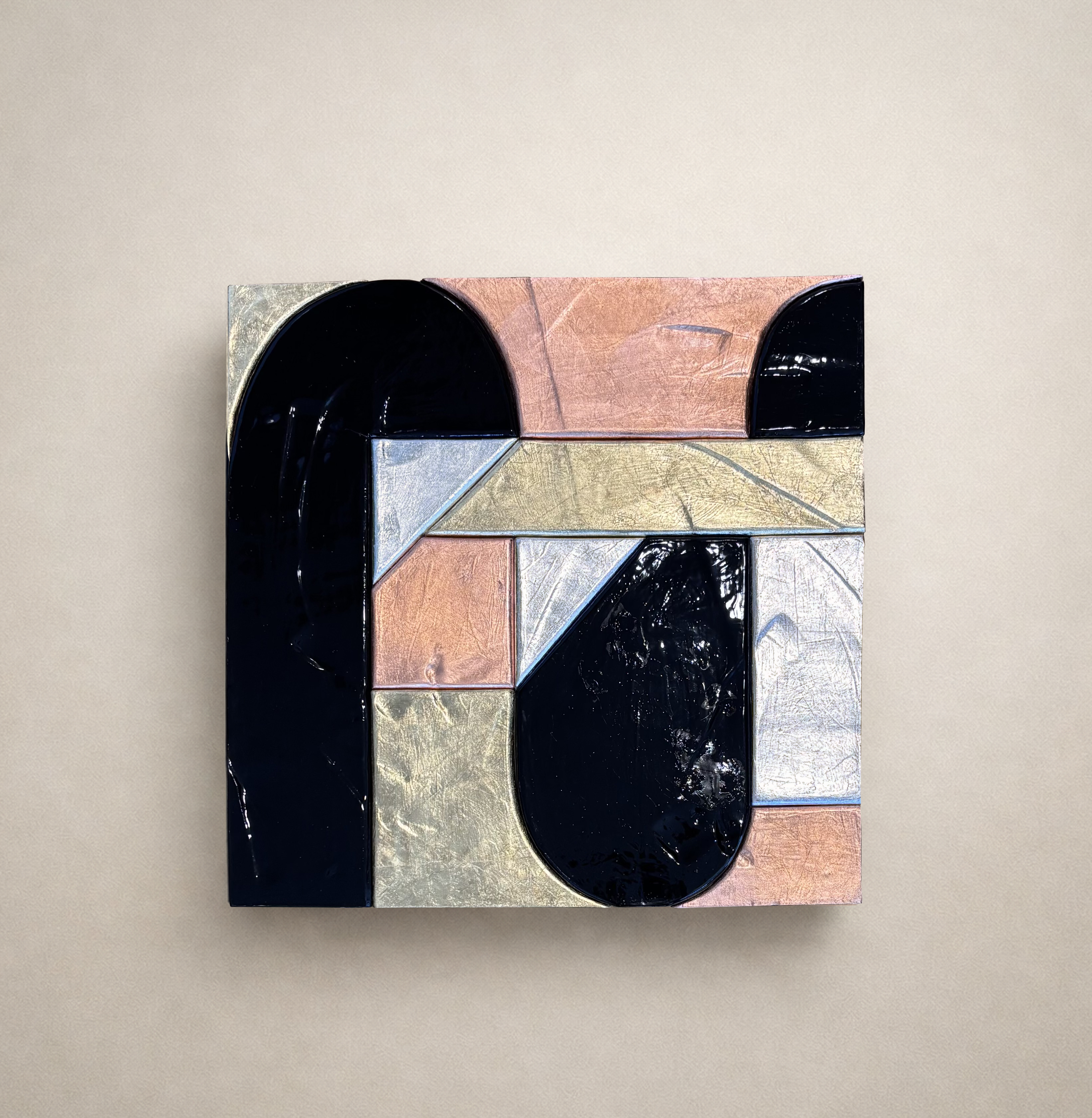 Ceramic Wall Sculpture with Triple Gold Leaf and Black Glaze, 47 x 47 cm