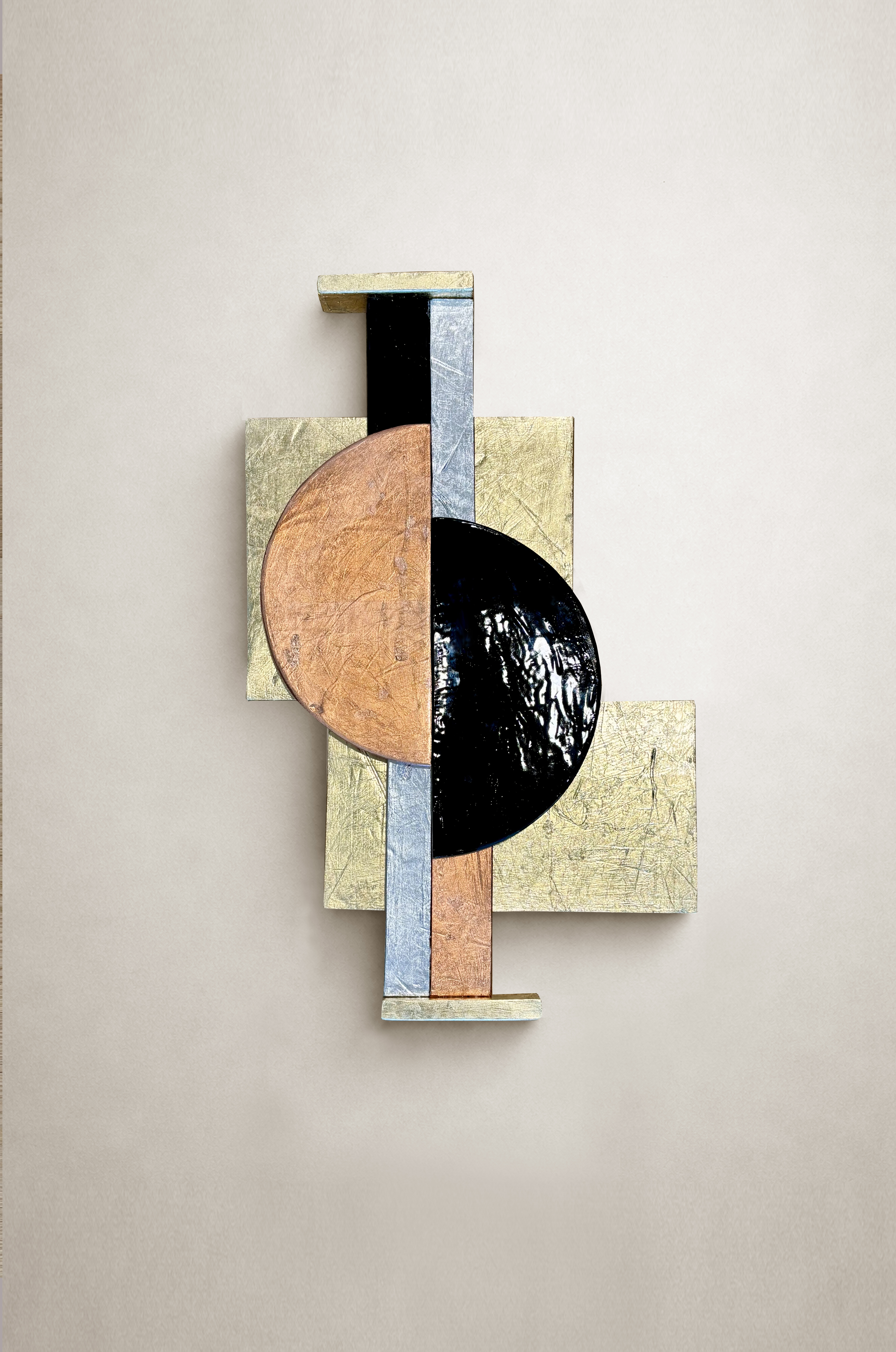 Ceramic Wall Sculpture with Triple Gold Leaf and Black Glaze, 65 x 38 cm