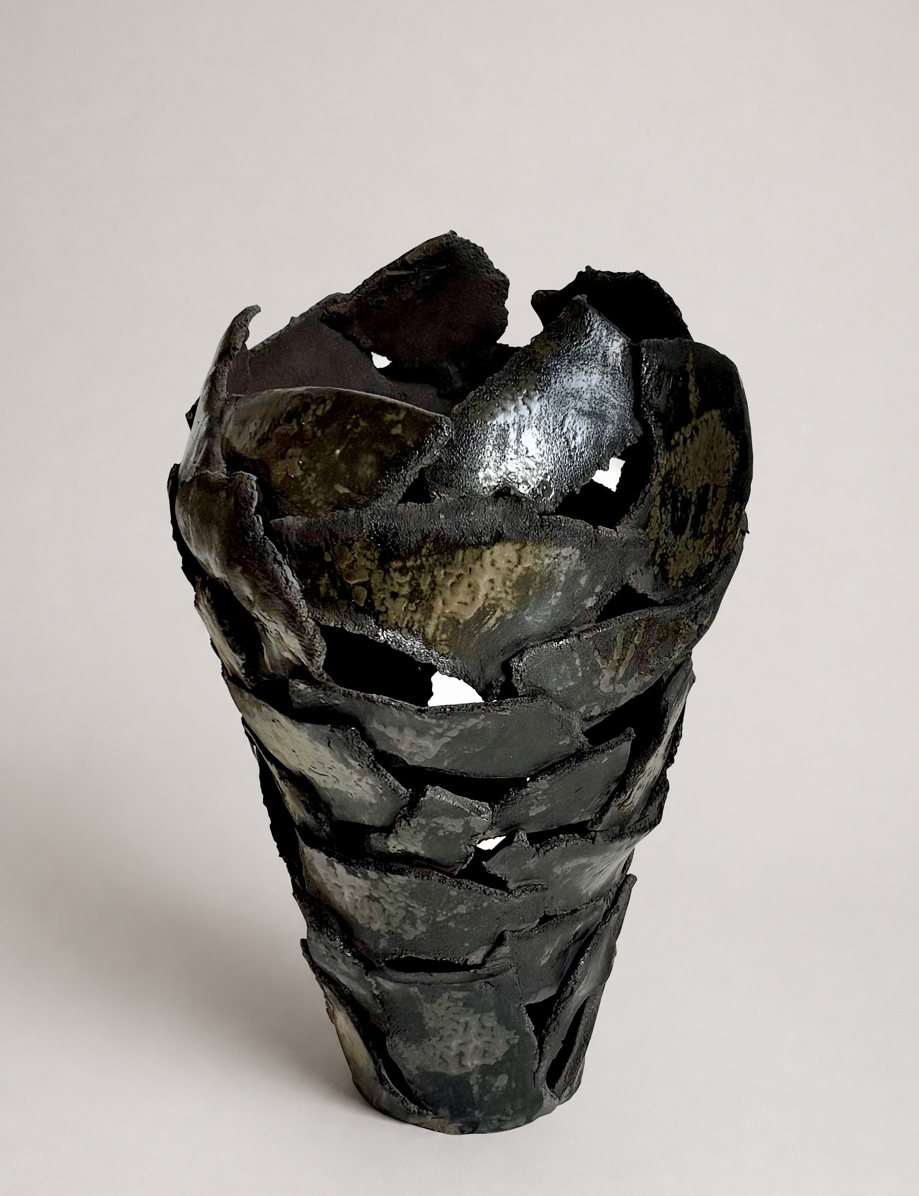 Ceramic vase with an open fragmented silhouette, Aventurine glaze, 33 cm